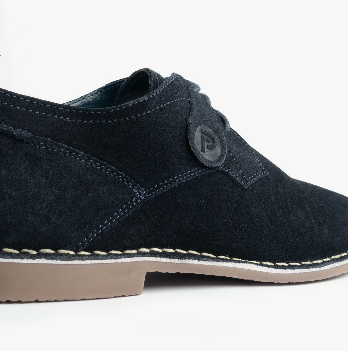 Popps JONAS Mens Suede Desert Shoes in Navy, close-up of the side and sole edge
