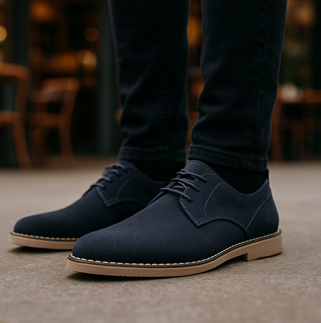 Popps JONAS Mens Suede Desert Shoes in Navy, worn with black jeans