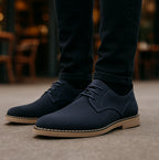 Popps JONAS Mens Suede Desert Shoes in Navy, worn with black jeans