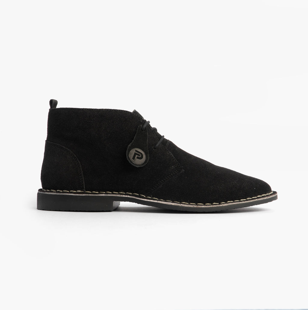 Popps VESPA Unisex Desert Boots in Black, side view showing the round logo button