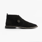 Popps VESPA Unisex Desert Boots in Black, side view showing the round logo button