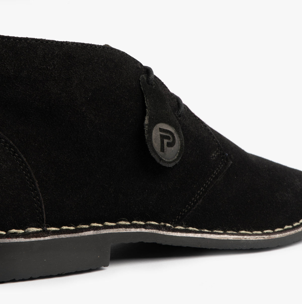Popps VESPA Unisex Desert Boots in Black, close-up of the lace area and round logo button