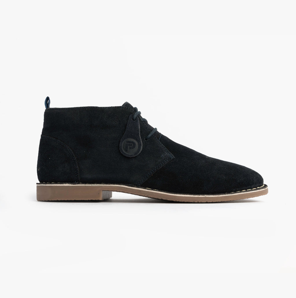 Popps VESPA Unisex Desert Boots in Navy, side view showing the round logo button