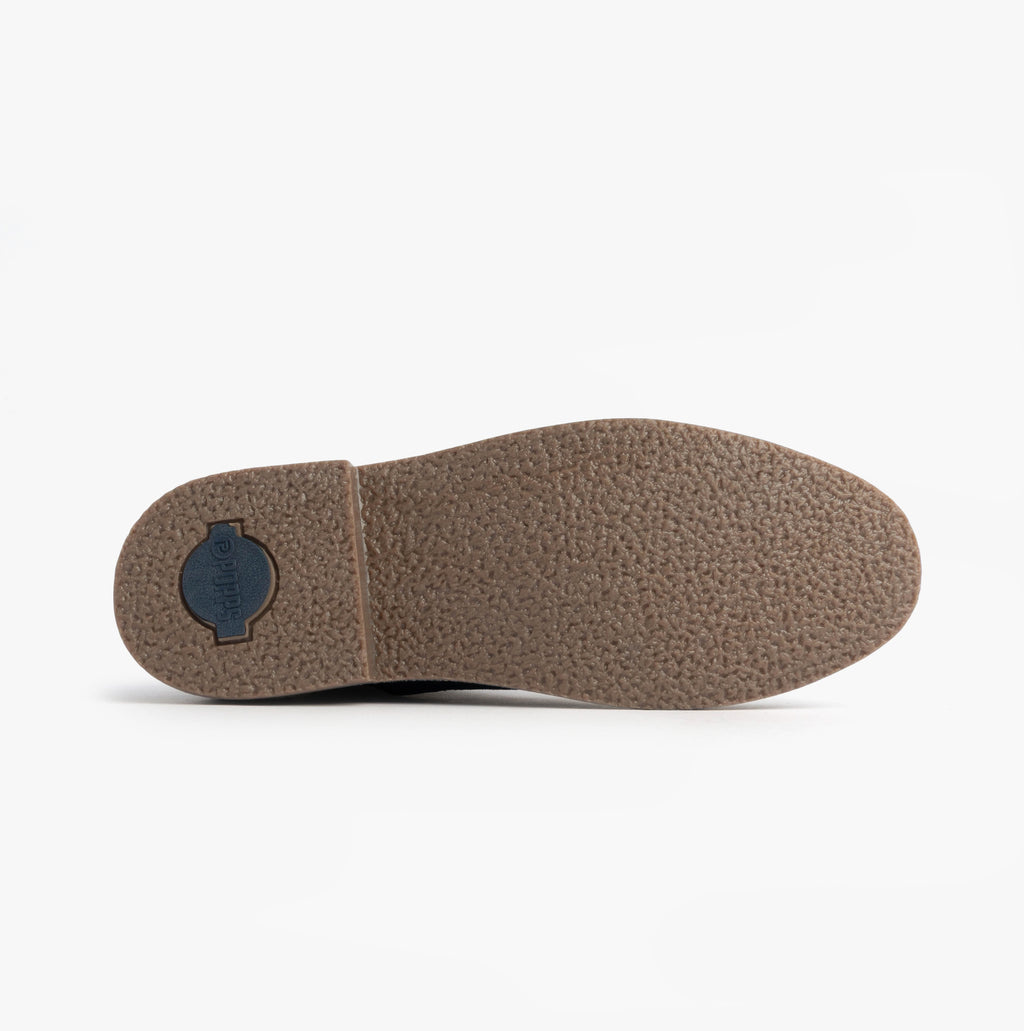 Popps VESPA Unisex Desert Boots in Navy, sole with tread pattern and logo patch