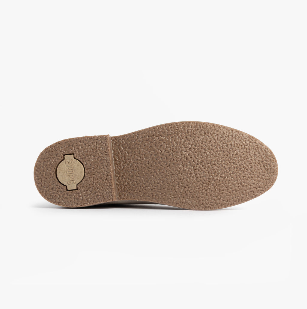 Popps VESPA Unisex Desert Boots in Sand, sole with tread pattern and logo patch