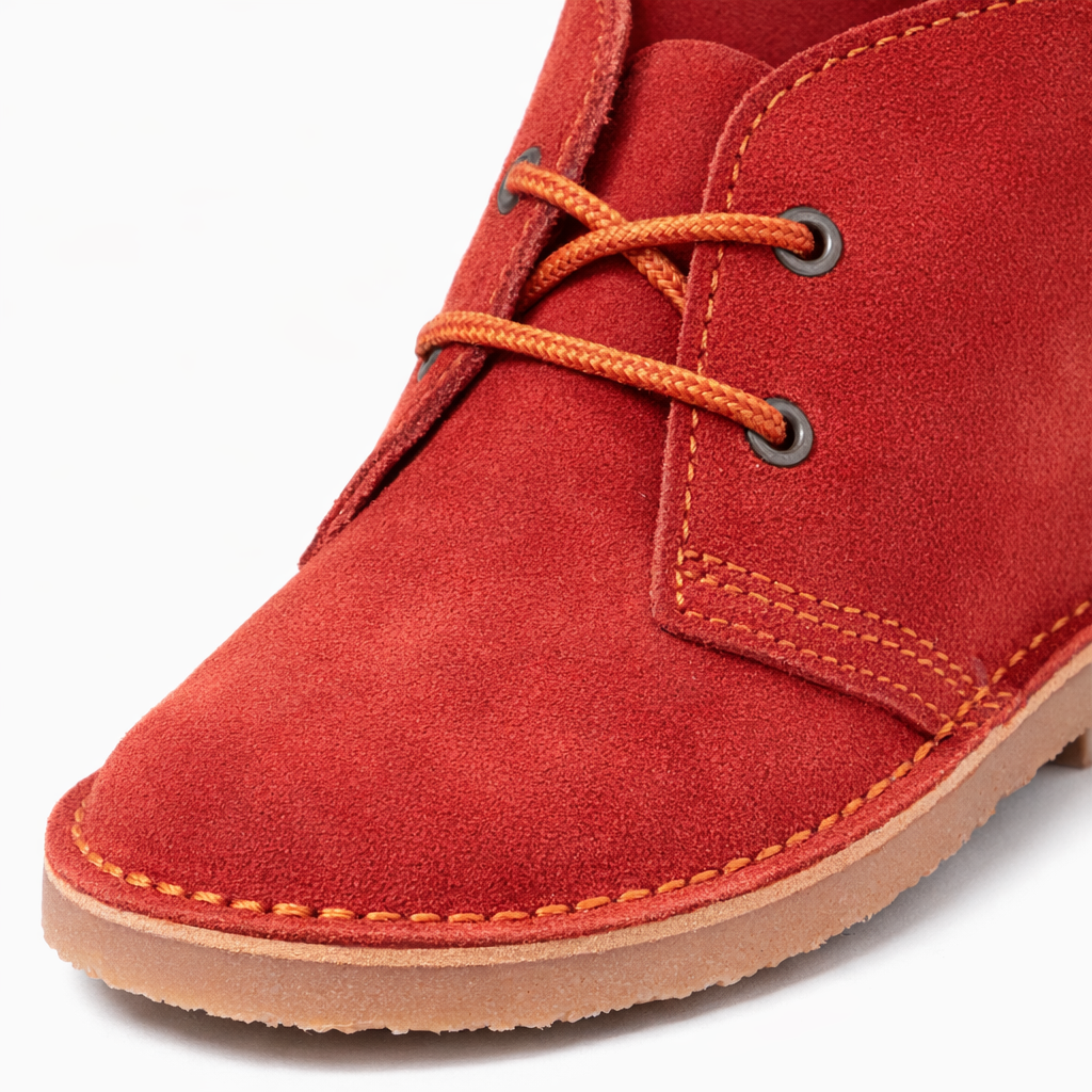 Roamers ORIGINAL Unisex Desert Boots in Red, close-up of the laces and stitching