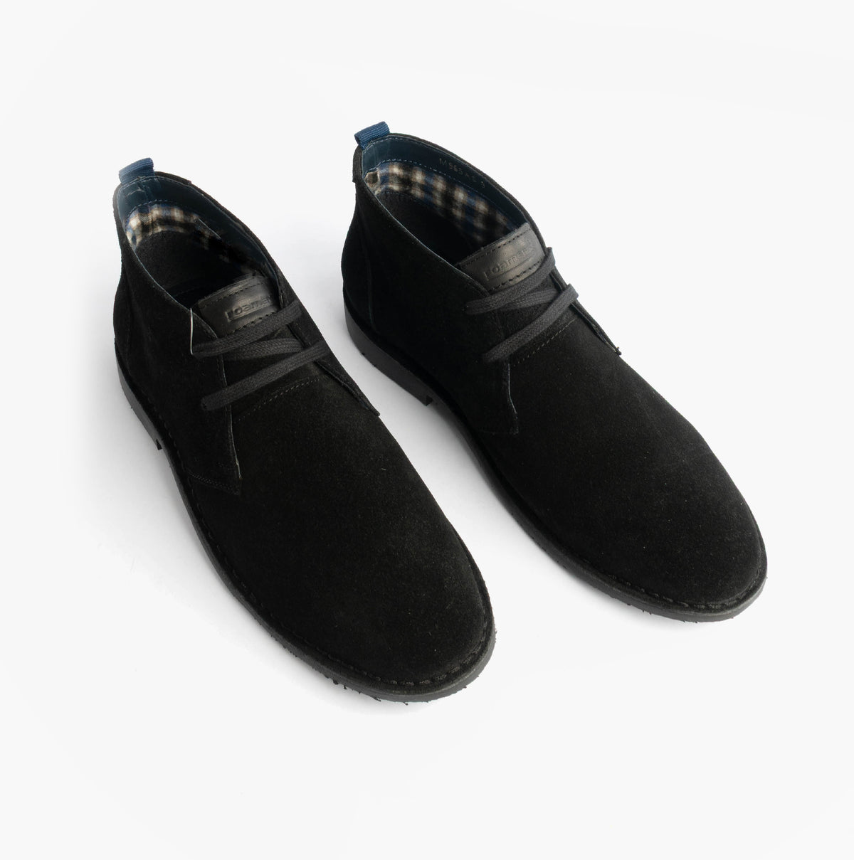 Roamers JACOB Mens Desert Boots in Black, pair viewed from above showing checked lining