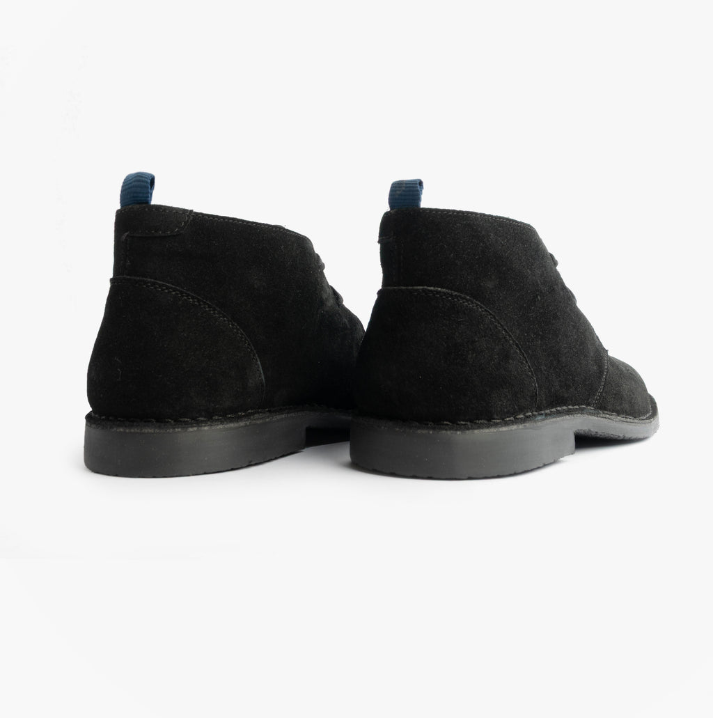 Roamers JACOB Mens Desert Boots in Black, pair shown from the back with blue heel pull tabs