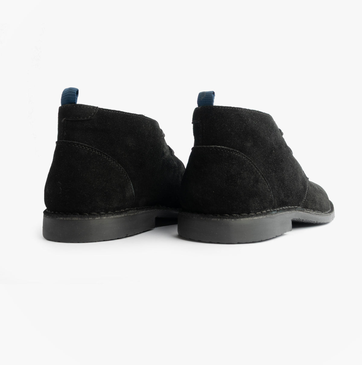 Roamers JACOB Mens Desert Boots in Black, pair shown from the back with blue heel pull tabs