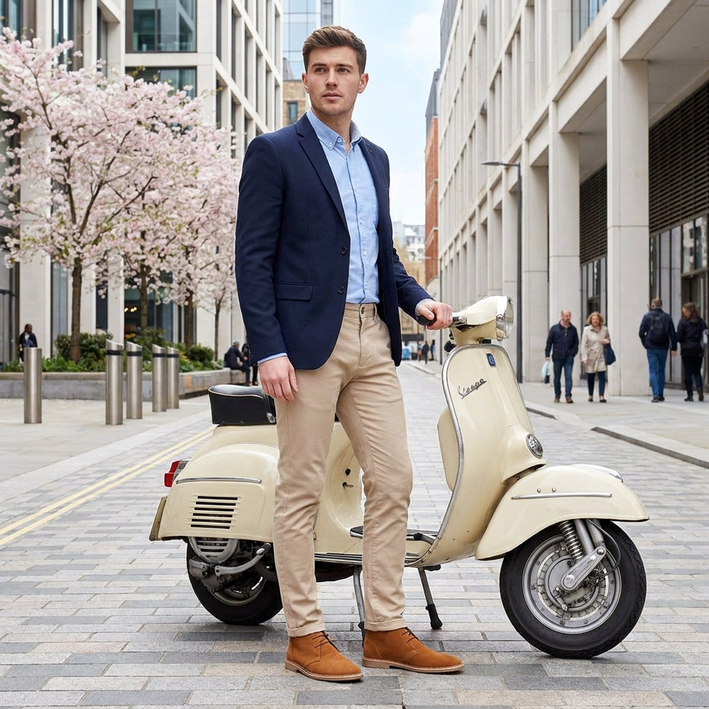 man wearing roamers m965bs desert boots next to a vespa scooter