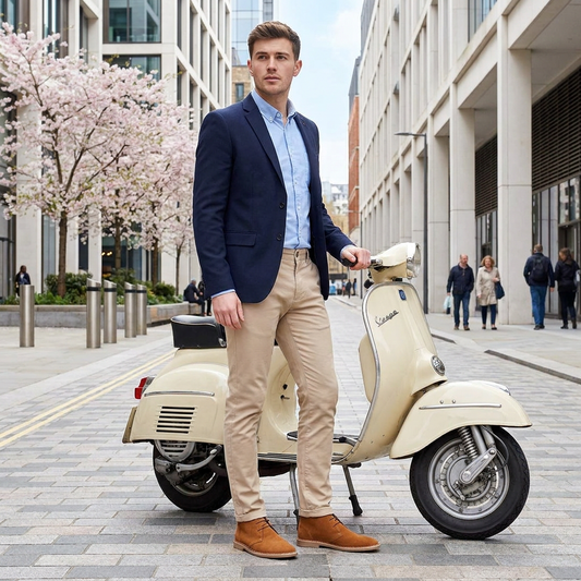 man wearing roamers m965bs desert boots next to a vespa scooter
