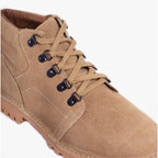Roamers Mens 5 Eyelet D Ring Desert Boots in Taupe, close-up of the D-ring eyelets and laces