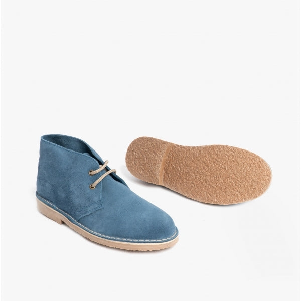 Roamers MACIE Womens Desert Boots in Blue, one boot beside the other turned to show the sole